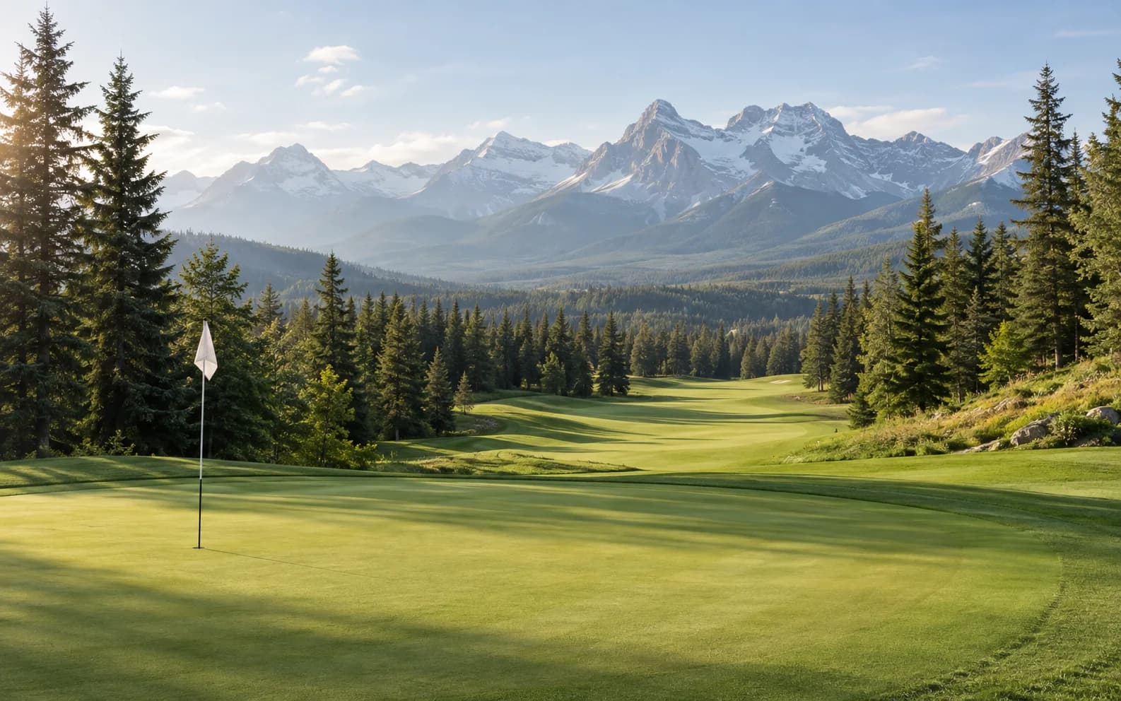 A sunlit golf fairway framed by evergreen trees and distant Rocky Mountains